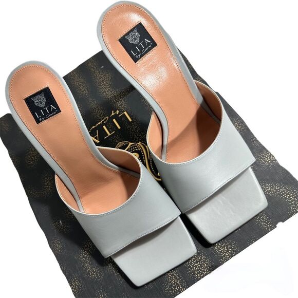 LITA BY CIARA Womens Sandals EU 40 Silver Solid Square Toe Leather Slide Formal - Picture 4 of 15